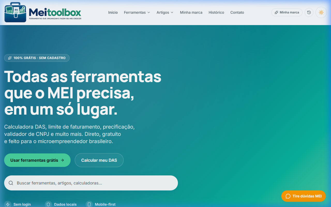 Site profissional da plataforma MEI Toolbox